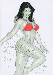 1girls 2009 ass big_breasts bikini_top bottomless butt confetti dark_hair earrings female female_only green_eyes green_hair green_skin hoop_earrings hulk_(series) long_hair marvel marvel_comics reginaldo_souza she-hulk smile solo