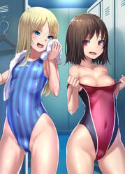 2girls blue_eyes bosshi breasts female female_only multiple_girls one-piece_swimsuit swimsuit