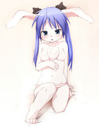 1girls animal_ear anthro barefoot blue_eyes blush breasts bunny_ear feet female furrification furry ka ka_(pixiv341010) kagami_hiiragi kagerofu long_hair looking_at_viewer lowleg lucky_star navel panties paws purple_hair solo striped striped_panties sweatdrop toes topless underwear