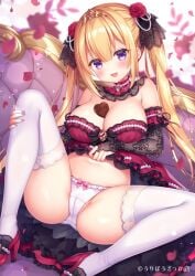 :d ass between_breasts blonde_hair breasts bridal_gauntlets cameltoe candy chocolate chocolate_heart cleavage couch detached_collar dress female flower food frilled_dress frills hair_flower hair_ornament heart high_heels knee_up large_breasts lolita_fashion long_hair looking_at_viewer mitsuba_choco object_on_breast open_mouth original panties petals purple_eyes red_dress sitting smile solo strapless strapless_dress thighhighs twintails underwear very_long_hair white_legwear white_panties