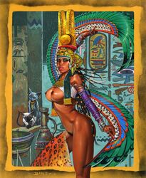 1girls ancient_egypt cat dark-skinned_female dark_skin egyptian egyptian_clothes egyptian_mythology female female_only headwear hieroglyphics history human human_only mythology nefertari nefertiti public_domain simon_bisley tagme traditional_clothes