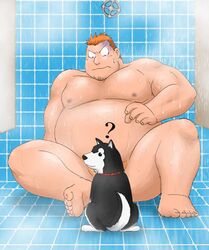 barefoot black_fur black_hayate canine color dog fullmetal_alchemist fur hair heymans_breda human indoors interspecies male male_only multiple_males orange_hair short_hair shower sitting size_difference tagme white_fur