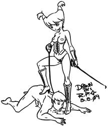 1boy 1girls dc_comics female femdom jinx_(dc) male monochrome r.p.g straight_hair sub teen_titans