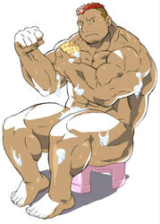 1boy bara barefoot blush color facial_hair fullmetal_alchemist heymans_breda human male male_only muscle muscles nude sitting solo sponge tagme washing