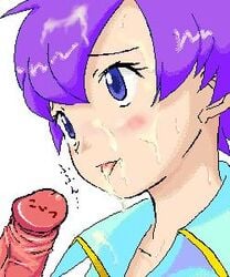 00s 1boy 1girls anabel_(pokemon) anabel_(pokemon_rse) color cum cum_on_face facial female frontier_brain human human_only light-skinned_female light_skin male nintendo penis pokemon pokemon_rse purple_hair short_hair short_purple_hair solo_female