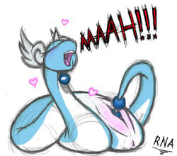 color dragonair female female_only masturbation mouth nintendo nudity open_mouth pokemon rna solo tehwalrus_edits vulva white_background