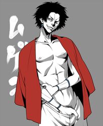 1boy abs black_hair earrings grin japanese_text looking_away male male_only mugen_(samurai_champloo) nipples plain_background pubic pubic_hair samurai_champloo simple_background smile solo spiked_hair