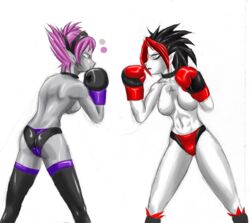 2girls abs argent_(dc) ass back back_view backboob black_boxing_gloves black_gloves black_hair boxing boxing_gloves boxing_stance breasts butt choker collar dc_comics duo eye_contact female female_only footwear gloves goth grey_skin jinx_(dc) multiple_girls panties pink_hair pointy_ears pugilismx red_hair short_hair simple_background stockings straight_hair teen_titans teeth thick thick_thighs thighhighs thighs topless topless_boxing two-tone_boxing_gloves two-tone_gloves two-tone_hair white_background wide_hips