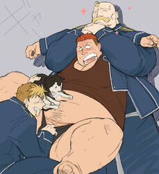 alex_louis_armstrong beige_skin big_belly black_hayate blonde_hair blush blushing briefs brown_hair canine cigarette closed_eyes clothes color dog facial_hair feral forced fullmetal_alchemist gay grin hair held_up heymans_breda human jean_havoc kira_nerisu male male_only moustache multiple_males obese obese_male prank short_hair size_difference small_dom_big_sub smile underwear uniform yaoi