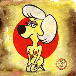 anthro breasts dog female female_only huge_head kneeling nipples nude polly_purebred short_hair solo tagme toony underdog_(series) white_hair yellow_fur