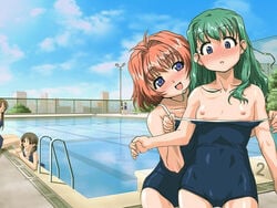 blue_eyes blush breasts cameltoe female green_hair jpeg_artifacts karen_onodera miina_miyafuji miyafuji_miina multiple_girls nipples one-piece_swimsuit onegai_twins onodera_karen pool public red_hair school_swimsuit small_breasts swimsuit swimsuit_pull undressing yuri