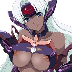 1girls bare_shoulders blue_eyes breasts cleavage_cutout cyborg dark_skin female large_breasts long_hair nipple_slip nipples solo t-elos toku_(tokuhp) white_hair xenosaga xenosaga_episode_iii