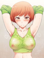 another_story areolae armpits arms_up blush bra breasts brown_eyes brown_hair erect_nipples female frown highres looking_at_viewer medium_breasts navel nipples persona persona_4 persona_4_the_golden pointy_chin satonaka_chie see-through see-through_bra short_hair solo sports_bra sweat track_jacket underwear undressing wavy_mouth wet wet_clothes