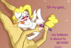 artist_request balls blush cum cum_in_hair dialogue equine friendship_is_magic hands horse human my_little_pony oral oral_sex pegasus penis plain_background pony pussy pussy_juice sex sex_toy surprise_(mlp) uncut vibrator wings yellow_fur