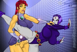 alien alien/human alien_futanari black_hair borders_studio dc dc_comics dcau female female_human futa_on_female futanari green_eyes human humanoid intersex orange_skin rachel_roth raven_(dc) red_hair rule_63 smooth_skin starfire tamaranean teen_titans toontinkerer