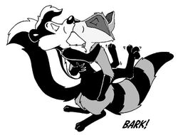 2boys anthro bark_(artist) crossover disney furry gay interspecies kissing looney_tunes male male_only mammal meeko monochrome pepe_le_pew pocahontas raccoon skunk smooth_fur wiggling_toes yaoi