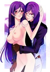 belt blush breasts dual_persona glasses gloves gundam gundam_00 highres hug hug_from_behind large_breasts long_hair nude purple_hair red_eyes rule_63 selfcest tieria_erde uniform