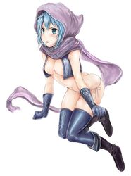 blue_hair blue_legwear blush boots breasts cape cleavage crop_top erementa female gloves green_eyes hood league_of_legends malzahar midriff navel nipple_slits open_clothes panties rule_63 short_hair side-tie_panties solo thighhighs tongue underwear white_background white_panties