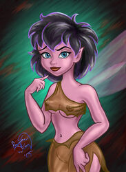 black_hair breasts clothed crysta enigmawing fairy female female_only ferngully front_view pointing pointing_at_self purple_skin pussy short_hair solo tagme transparent_clothing wings