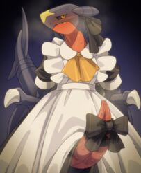 accessory biozs black_clothing black_sclera blue_background blush bodily_fluids bow_tie breath claws clothed clothed_feral clothing crossdressing dragon embarrassed erection fangs feral garchomp genitals gradient_background hi_res maid_uniform male nintendo penis penis_accessory penis_ribbon pokémon_(species) pokemon pokemon_(species) pupils ribbons scalie shaded simple_background slit_pupils solo steam sweat tapering_penis uniform video_games white_apron white_claws wing_claws yellow_eyes