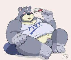 2021 animal_crossing anthro blush curt_(animal_crossing) erection fur genitals grey_body grey_fur humanoid_genitalia humanoid_hands humanoid_penis male mammal nintendo overweight overweight_anthro overweight_male penis ragnadope simple_background sitting solo ursid video_games