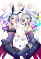 2girls alternate_costume bare_shoulders black_legwear brown_eyes bunny_ears bunny_girl bunny_tail cape claws cleavage collar dark_persona dual_persona easter easter_egg easter_eggs egg eggs female female_only fire_emblem fire_emblem_awakening fire_emblem_heroes flower_in_hair grima_(fire_emblem) ichino_tomizuki kaboplus_ko large_breasts long_gloves long_sleeves looking_at_viewer magic multiple_girls multiple_persona petals red_eyes robin_(fire_emblem) robin_(fire_emblem)_(female) smirk solo thighhighs white_background white_gloves white_hair