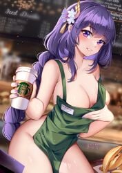 1girls apron cleavage female food french_fries genshin_impact holding_drink light-skinned_female looking_at_viewer naked_apron open-mouth_smile pale-skinned_female purple_eyes purple_hair purple_nails raiden_shogun solo solo_female squchan starbucks