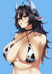 1girls big_breasts bikini_top black_hair blue_background blueorca blush breasts choker cow_ears cow_girl cow_horns cow_print cow_print_bikini female female_only hair_between_eyes large_breasts long_hair looking_at_viewer mole_on_breast mole_under_mouth navel original purple_eyes solo