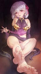 arm_at_side aya_(thon2hk) bare_shoulders barefoot breasts covered_collarbone crossed_ankles detached_sleeves earrings eyebrows_visible_through_hair fate/grand_order fate_(series) feet female foreshortening hair_ribbon halter_top halterneck head_tilt highres jewelry kama_(fate) looking_at_viewer midriff miniskirt multiple_rings panties parted_lips pink_eyes purple_panties ribbon ring short_hair silver_hair sitting skirt skirt_lift small_breasts soles solo sweat toes underwear