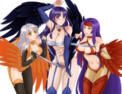 abs alternate_costume altina_(fire_emblem) angry bare_shoulders big_breasts blue_eyes cleavage fire_emblem fire_emblem:_path_of_radiance fire_emblem:_radiant_dawn grin large_breasts leenvidia long_hair micaiah_(fire_emblem) nintendo purple_hair sanaki_kirsch_altina silver_hair smile teasing transparent_background wings yellow_eyes