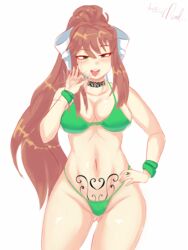 1girls ass_visible_through_thighs bra brown_hair cleavage corruption doki_doki_literature_club fellatio_gesture female female_only green_bra green_eyes green_panties green_thong lewddoodler lingerie long_hair monika_(doki_doki_literature_club) panties ponytail prostitute prostitution pubic_tattoo ribbon solo succubus succubus_tattoo tattoo thong tongue_out tramp_stamp white_ribbon