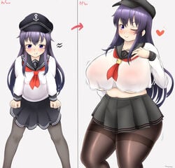 1girls 2021 aged_up akatsuki_(kantai_collection) big_breasts black_hair breast_expansion growth huge_breasts kantai_collection mhaknow nipple_bulge no_bra pantyhose purple_eyes tagme thick thick_thighs