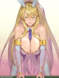 ahoge animal_ears artoria_pendragon artoria_pendragon_(lancer) artoria_pendragon_(swimsuit_ruler) bangs bare_shoulders blonde_hair blue_legwear blue_neckwear braid breasts bunny_ears cleavage closed_mouth detached_collar detached_sleeves fate/grand_order fate_(series) female fishnet_legwear fishnets french_braid green_eyes hair_between_eyes highres large_breasts layered_legwear leaning_forward leotard long_hair looking_at_viewer necktie playboy_bunny ponytail sidelocks smile tiara white_legwear white_leotard zumizu