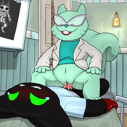 1:1 anthro balls bed blush bodily_fluids cartoon_network clothed clothing coat cowgirl_position cum cum_in_pussy cum_inside doctor doctor_on_patient domestic_cat domination dr_cuddlestien duo felid feline felis female female_domination female_on_top female_penetrated from_front_position furniture genital_fluids genitals gloves hi_res male male/female male_on_bottom male_penetrating male_penetrating_female mammal mao_mao:_heroes_of_pure_heart on_bottom on_top pain partially_clothed patient penetration penile penile_penetration penis penis_in_pussy rodent sciurid sex sheriff_mao_mao_mao tears trashbadger unprofessional_behavior vaginal_penetration wounded