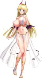 absurdres areolae bangs bare_shoulders blonde_hair blue_eyes blush cleavage demon_girl demon_horns demon_tail demon_wings derauea elze_eve_dianta full_body game_cg highres horns huge_breasts long_hair milk_factory monster_girl motto!_haramase!_honoo_no_oppai_isekai_chou_ero_succubus_gakuen! navel official_art open_mouth pelvic_curtain photoshop_(medium) pointy_ears sheer_clothing shiny_skin solo succubus succubus_horns succubus_tail succubus_wings tail toeless_footwear wings