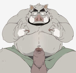 2021 anthro balls censored erection eyewear genitals glasses hi_res kemono male male_only mammal moobs nipples overweight overweight_anthro overweight_male penis simple_background solo suid suina sus_(pig) taro_heppoko towel white_background wild_boar