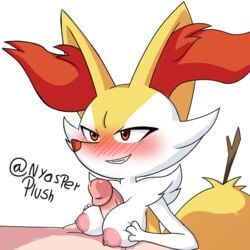 1:1 2020 3_fingers anthro areola blush braixen breasts digital_media_(artwork) duo embarrassed erection female fingers fur genitals glans hand_on_breast hi_res human human_on_anthro interspecies male male/female mammal multicolored_body multicolored_fur nintendo nipples nyasplush paizuri penis pink_areola pink_nipples pokémon_(species) pokemon pokemon_(species) pokephilia red_eyes sex smile stick video_games white_body white_fur yellow_body yellow_fur