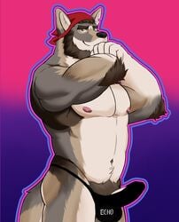 anthro ass bandana beard bl4z3blaze body_hair canid canine canis clothing coyote echo_(series) echo_project facial_hair genitals hi_res jockstrap kerchief male mammal nipples penis pose pubes solo the_smoke_room underwear video_games visual_novel william_adler_(the_smoke_room)