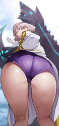 absurdres ass ass_focus cameltoe clothed coat female from_behind from_below green_eyes highres huge_ass looking_at_viewer looking_back looking_down mujina presenting presenting_hindquarters shiny shiny_clothes shiny_hair shiny_skin short_hair short_shorts shorts silver_hair solo ssss.dynazenon thick_thighs thighs yoshi55level yoshio_(55level)