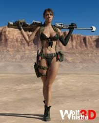 3d 3d_(artwork) armwear belt boots bra brown_hair clothing desert female firearm footwear gloves gun handwear human legwear metal_gear metal_gear_solid metal_gear_solid_v pale_skin panties pinup ponytail quiet_(metal_gear) rifle sniper_rifle stefanie_joosten sweat swimwear tactical_gear weapon wolfwhistle3d