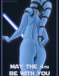 1girls aayla_secura ass back blue_skin female female_only lightsaber shadrysea solo star_wars text twi'lek