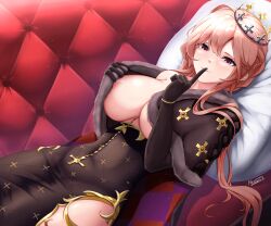 1girls areola_peek azur_lane beige_hair blush breasts clemenceau_(azur_lane) clothed clothing crown female female_only huge_breasts inviting jewelry light-skinned_female light_skin looking_at_viewer musanix no_bra on_sofa pillow red_eyes revealing_clothes seductive shh showing_breast solo teasing vichya_dominion_(azur_lane) white_pillow