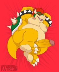 absurd_res anthro anthro_only ass balls bed bed_sheet bedding bedroom_eyes biceps big_butt big_penis bowser bracelet erect_nipples erection feet furniture genitals glans hi_res jewelry koopa lying male male_only mario_(series) moobs narrowed_eyes nintendo nipples overweight overweight_anthro overweight_male penis scalie seductive shell solo spiked_bracelet spikes video_games wolfbuns