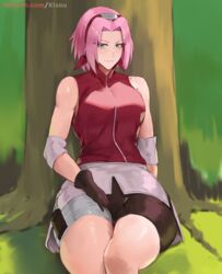 1girls bike_shorts clothed clothed_female clothes clothing female female_only fully_clothed green_eyes kisou light-skinned_female medium_breasts naruto naruto_shippuden pink_hair sakura_haruno short_hair solo solo_female solo_focus teenage_girl teenager thick_thighs thighhighs wide_hips