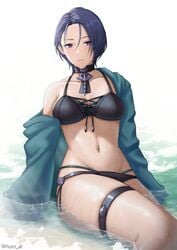 1girls bare_legs bare_midriff bikini black_bikini blue_hair breasts female fire_emblem fire_emblem:_three_houses furo_atsushi highres homomomomon jewelry looking_at_viewer navel necklace nintendo open_clothes partially_submerged purple_eyes purple_hair shamir_nevrand solo_female swimsuit towel water water_drop white_background