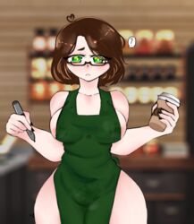artist_self-insert artist_signature breasts brown_hair chubby cute erect_nipples female female_focus glasses green_eyes half_naked long_fingernails medium_breasts nipples self_insert short_hair starbucks thick_thighs