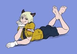 blonde_hair cat_boy cat_ears catboy feet feet_up foot_fetish foot_focus hellsing hitler_youth legs legs_up male nazi schrodinger sharp_teeth smug_smile soles solo toes white_skin