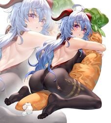 1girls back_view blue_hair blush carrot female_only ganyu_(genshin_impact) genshin_impact ginklaga goat_horns grabbing pillow pillow_grab purple_eyes riding solo torn_pantyhose