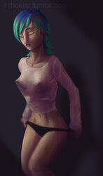 1girls background big_breasts breasts cleavage closed_eyes colored_hair curvy dark_room female female_focus female_only hair hip_piercing human long_sleeves mandalorian medium_hair midriff navel nipple_bulge nipples nipples_visible_through_clothing no_pants panties piercing raikoh-illust sabine_wren see-through see-through_clothing shirt short_hair simple_background solo standing star_wars star_wars_rebels two_tone_hair underwear undressing watermark wide_hips