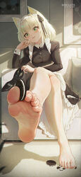 arknights bangs bare_legs barefoot black_dress black_ribbon blush breasts chinese_commentary commentary_request cookie dress eyebrows_visible_through_hair feet female food food_on_feet foot_fetish foot_focus foot_hold footwear_removed full_body green_eyes hair_ribbon highres holding holding_shoes ice_(dzs1392584271) icecake juliet_sleeves kal'tsit_(arknights) legs_crossed long_sleeves looking_at_viewer lynx_ears medium_breasts nabisco oreo puffy_sleeves ribbon shoes sitting soles solo toes white_hair